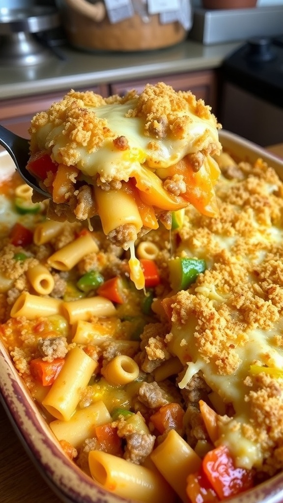 A hearty casserole with pasta, meat, vegetables, and cheese, served in a rustic dish with a serving spoon.